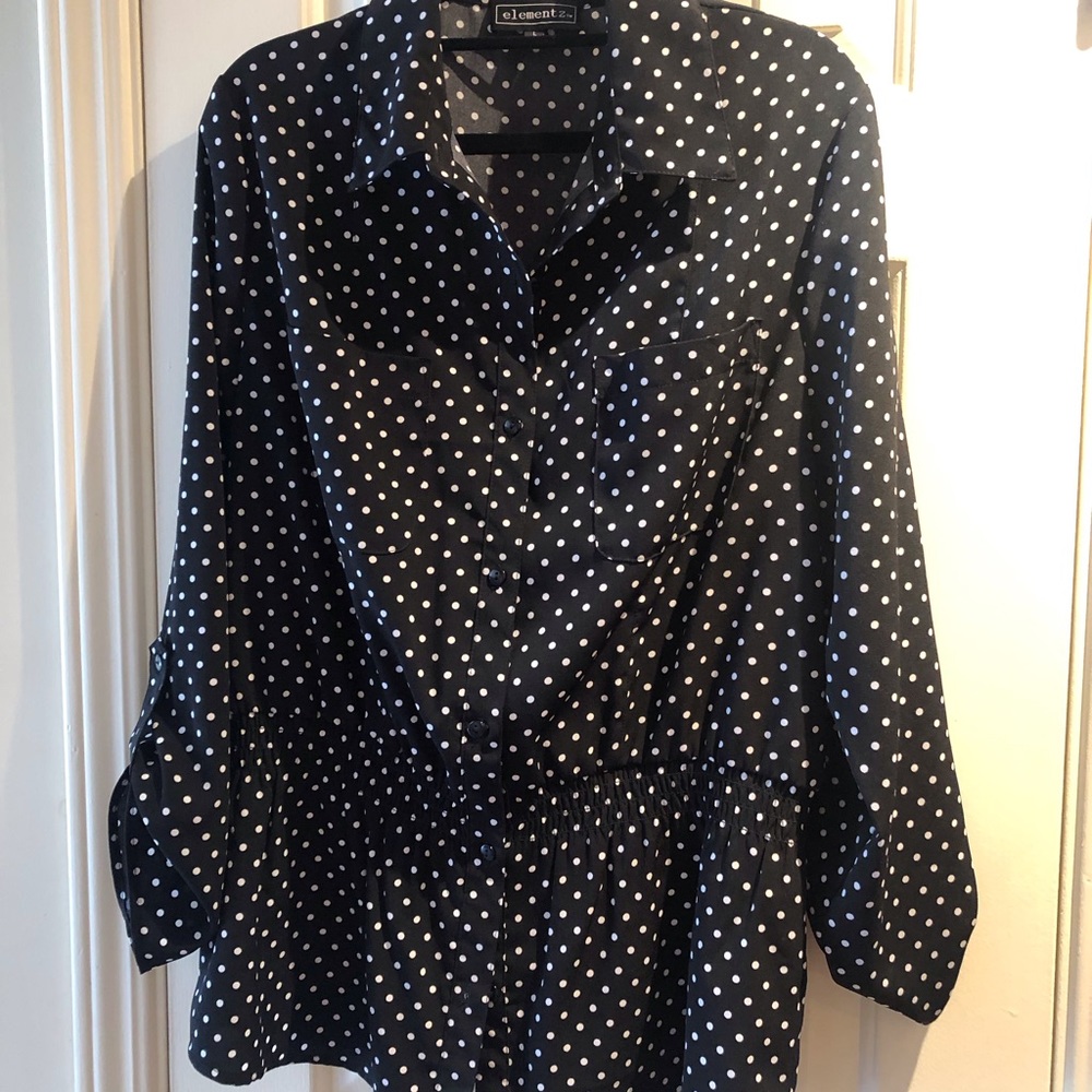 Elementz Large Black & White Polka Dot Blouse Button-Up Elastic Waist Roll Tabs